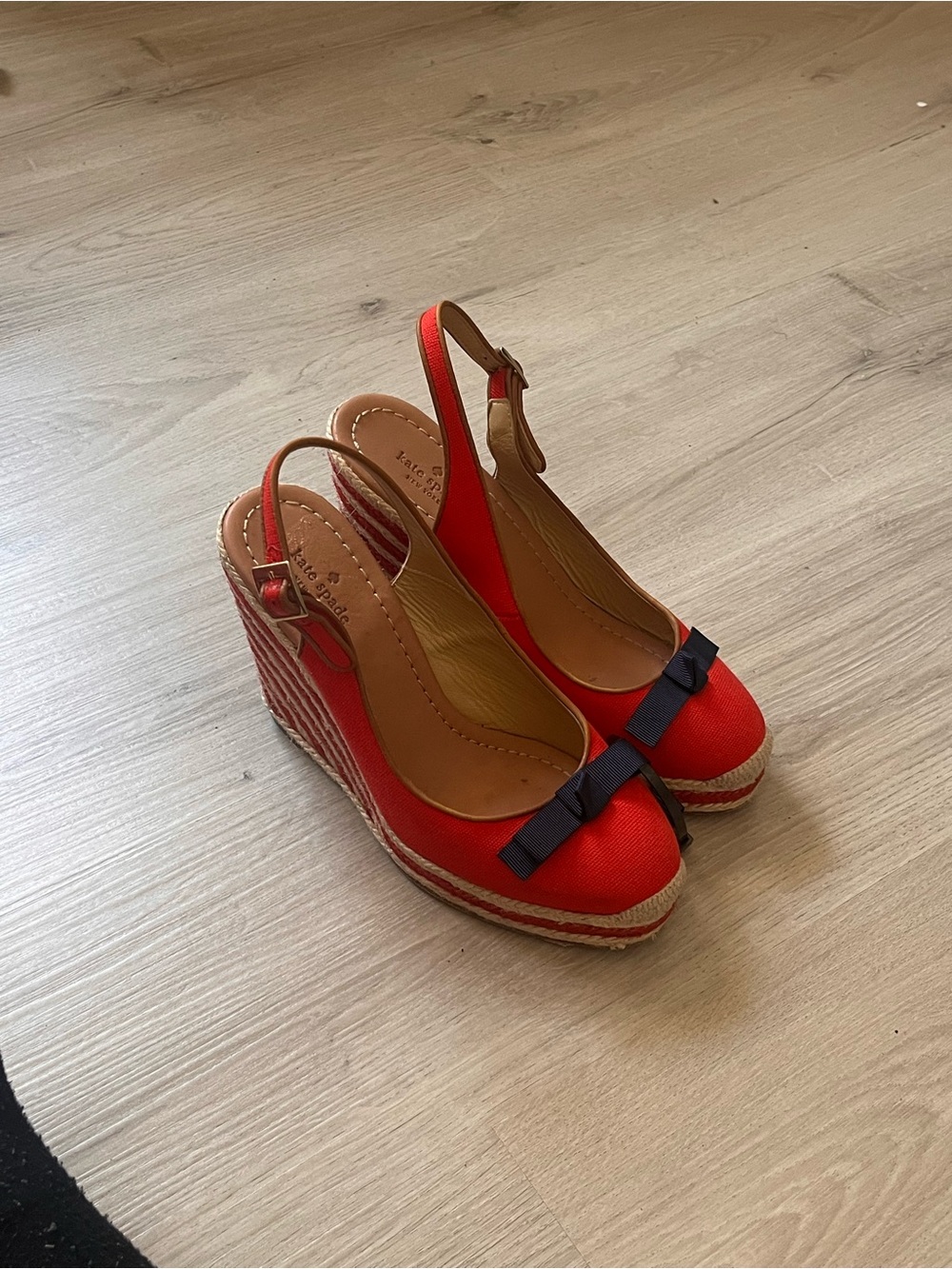 KATE SPADE New York Sweetie Red Platform Slingback Wedge with Navy Blue Bow